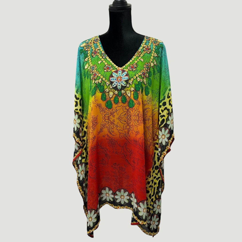 La Moda Kaftan Tunic Womens One Size Multicolor Rhinestone Resort Travel Beach
